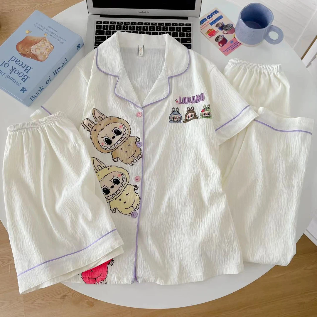 新款三件套云朵棉可爱拉布布睡衣女短袖短裤长裤夏季家居服套装