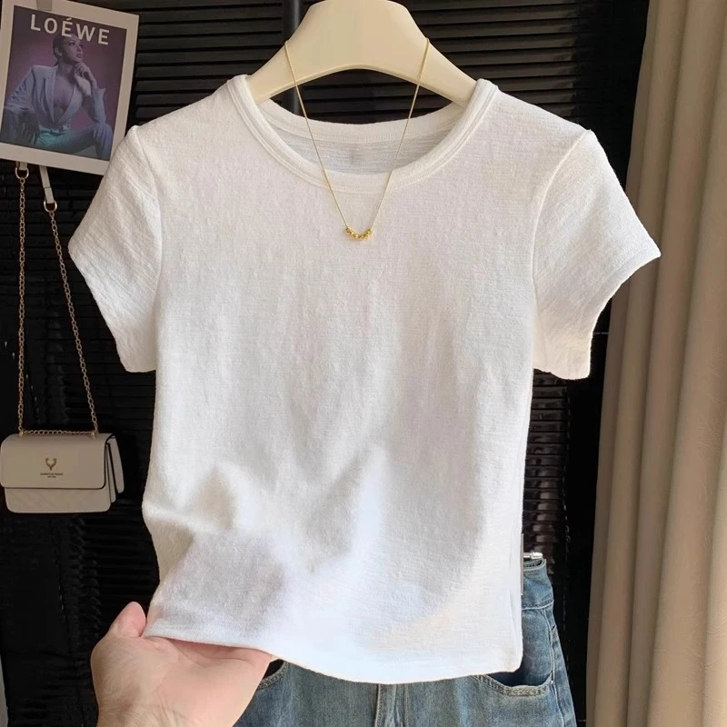 韩系正肩白色肌理感短袖T恤女夏季修身显瘦圆领不撞款百搭上衣