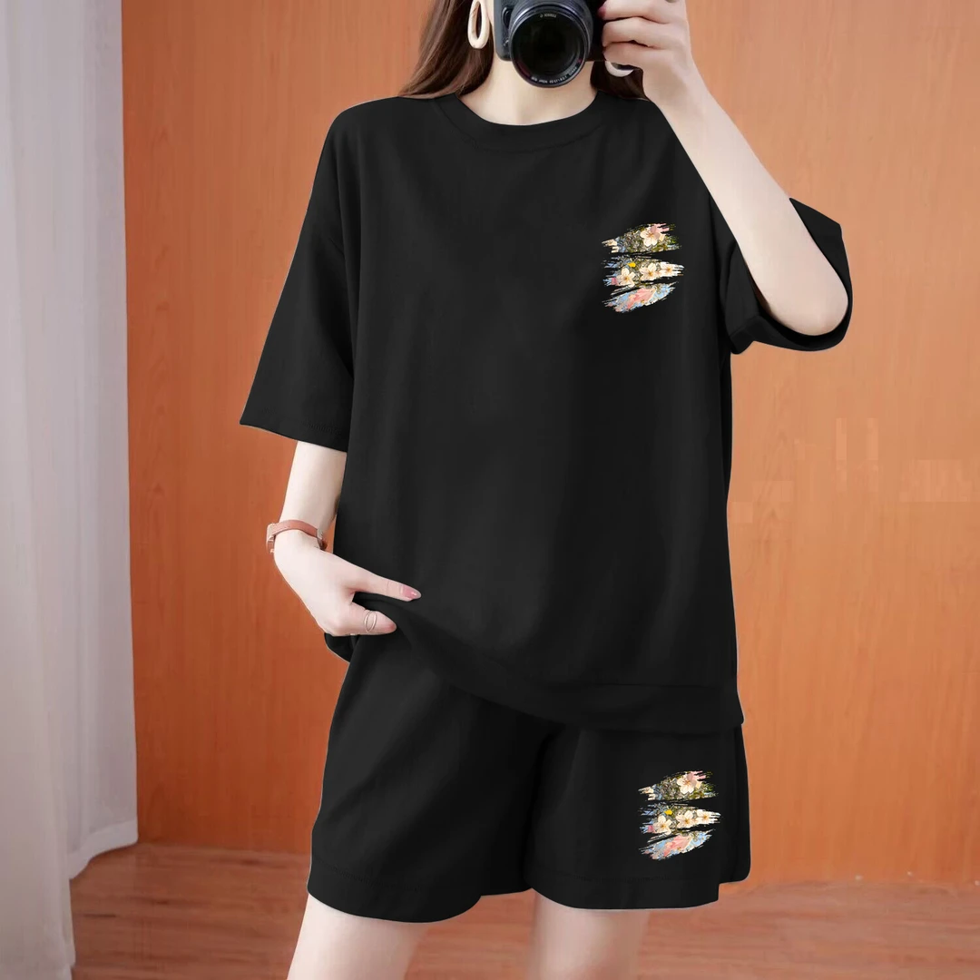 【赠运费险】100%纯棉短袖短裤夏装女士宽松时尚套装大码显瘦休闲薄