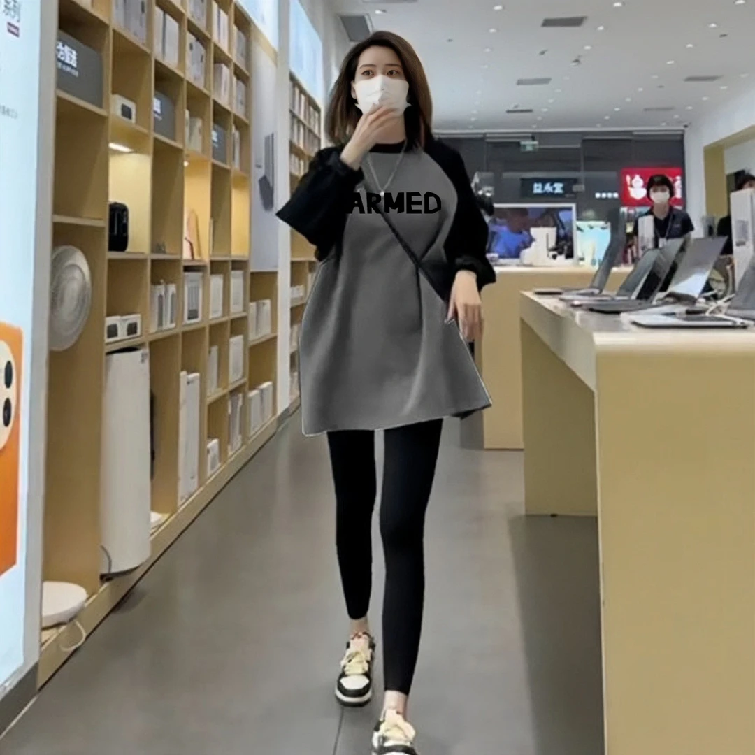 新款秋冬德绒打底衫女插肩撞色上衣宽松遮屁股中长款磨毛女士T恤