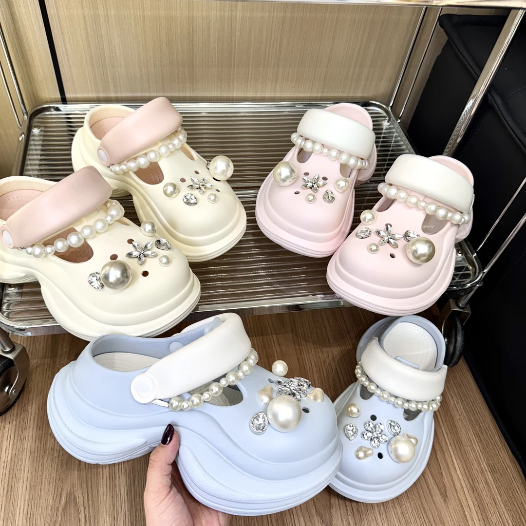 2025新款夏外女珍珠链松糕底洞洞鞋网红爆款百搭厚底防滑洞洞鞋女
