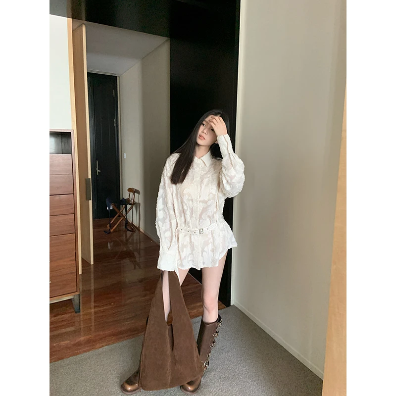 王少女的店【现】米杏色中长款翻领衬衫春夏气质休闲上衣C30863S51