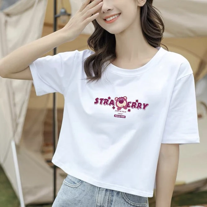 韩版夏季纯棉短袖T恤女白色打底衫印花圆领显瘦宽松百搭短款上衣