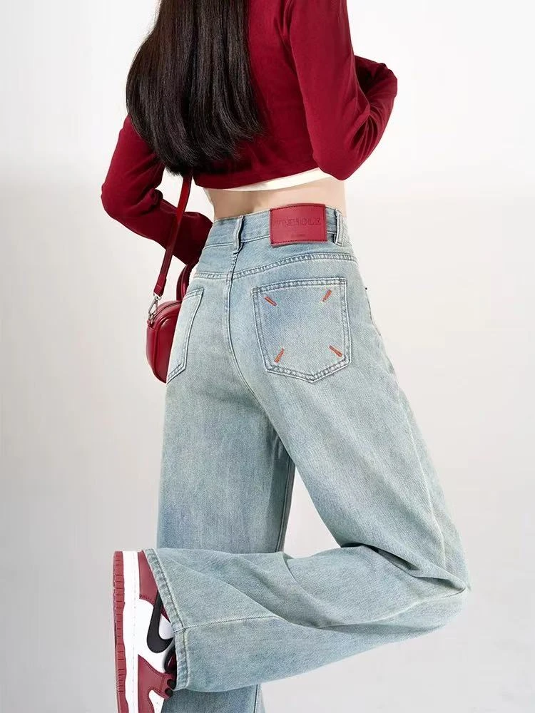 2025春季新款窄版高腰显瘦宽松阔腿直筒休闲百搭牛仔裤100015