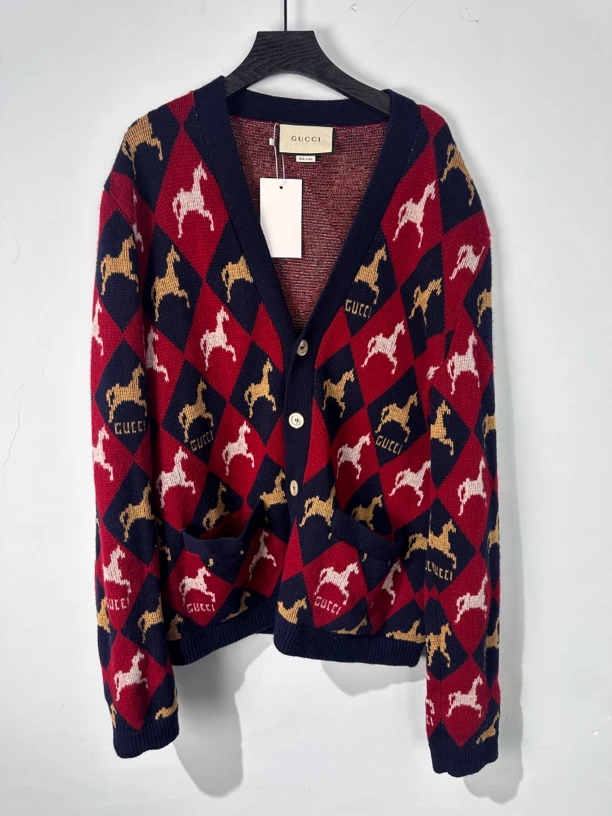 95新 GUCCI/古驰 红色小马菱格羊毛针织开衫 m码
