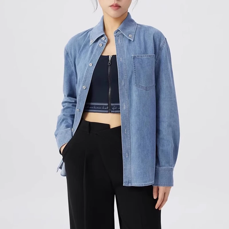 【商场同款】翻领牛仔衬衫春秋百搭宽松显瘦口袋长袖外套女1300939