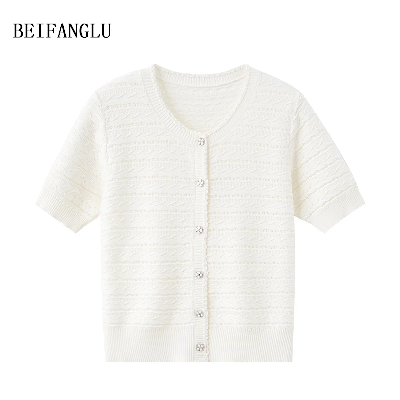 北方鹿【小香风手工钩花】莱赛尔棉桑蚕丝气质镂空提花针织短袖1718