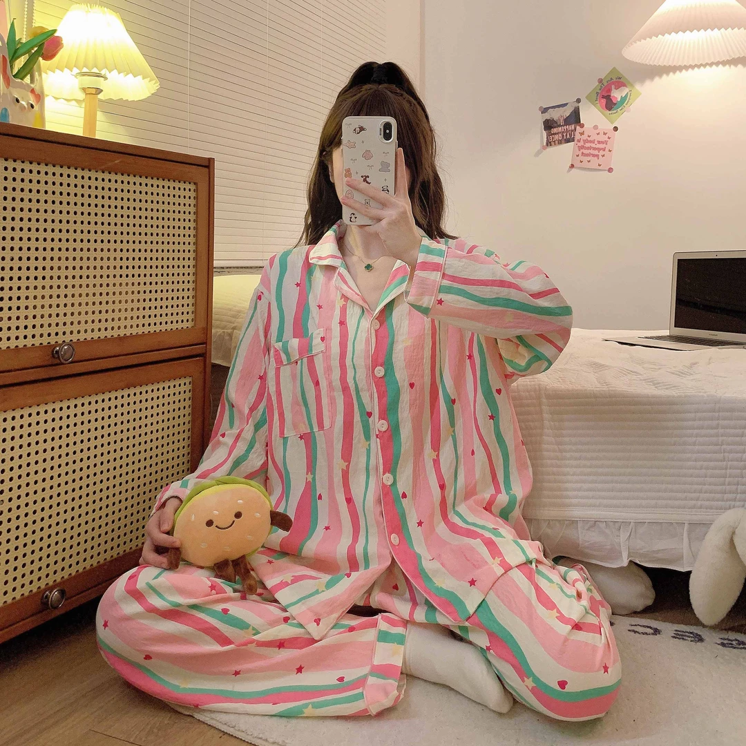 4308大码宽松春秋季睡衣女彩虹条甜美长袖套装多巴胺家居服可外穿