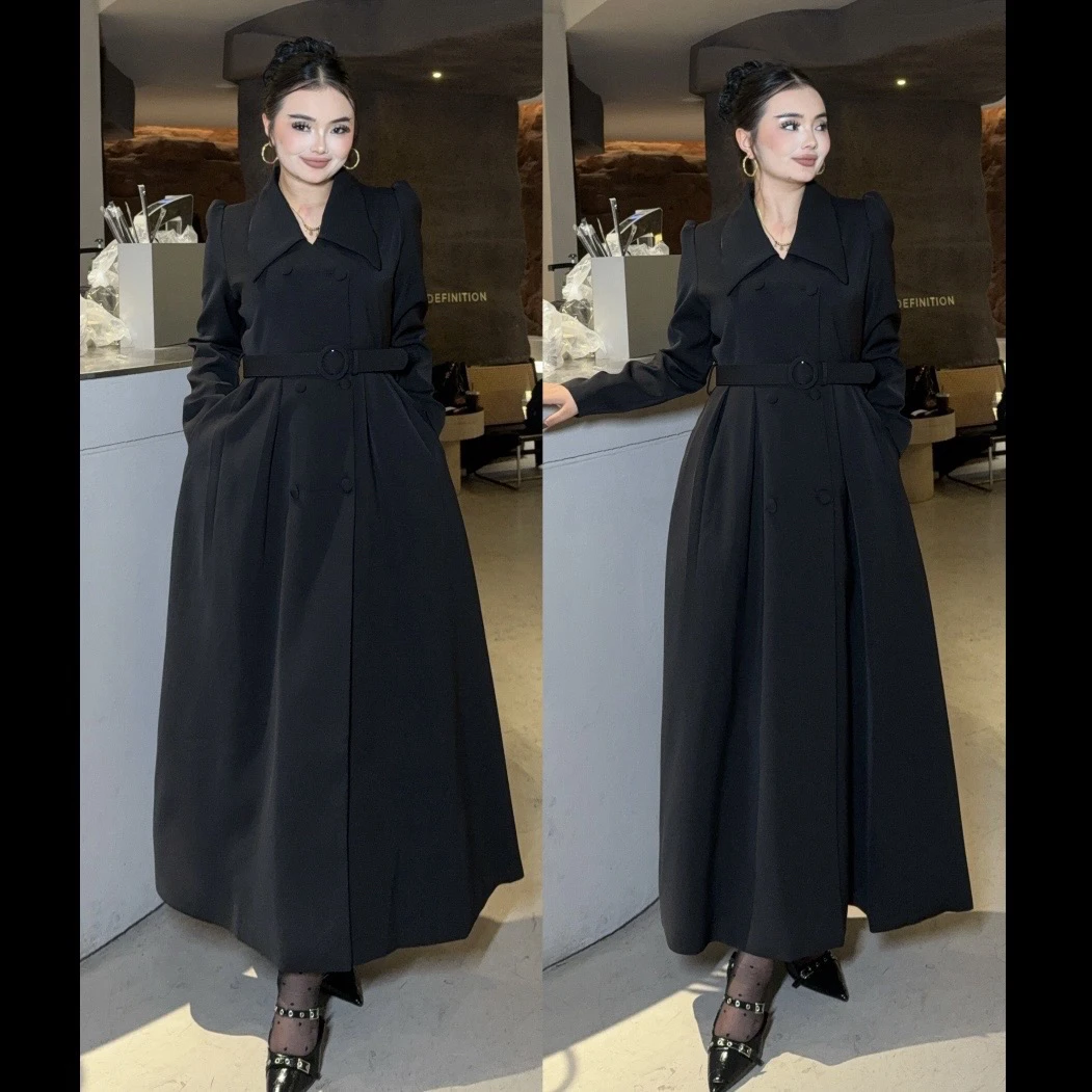 Rayhob新款法式系扣翻领通勤名媛气质收腰中长款风衣连衣裙