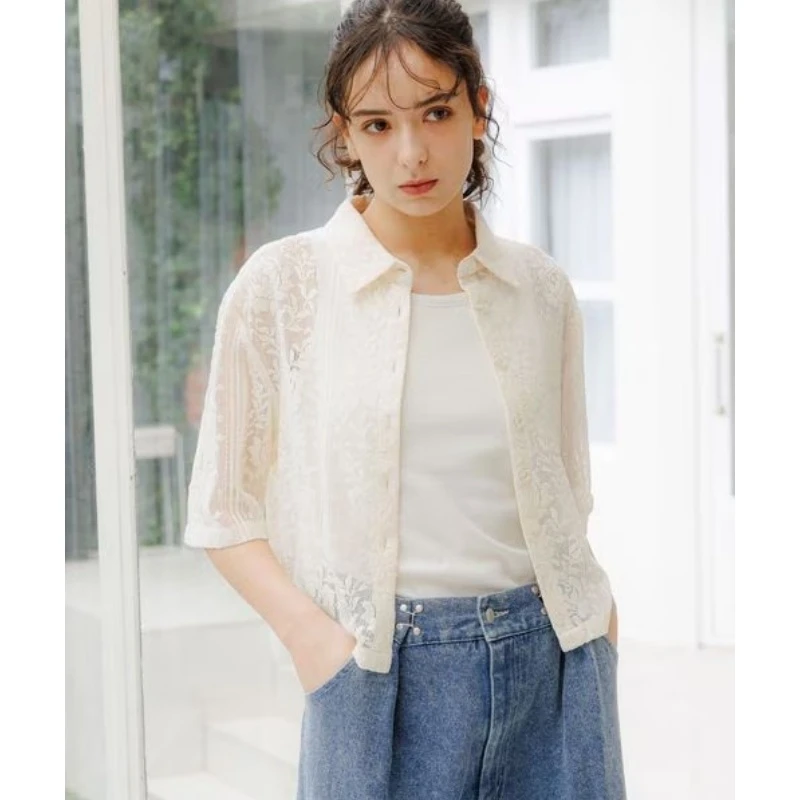 【胖虎家】夏季新款 L 气质设计感蕾丝网纱翻领短开衫
