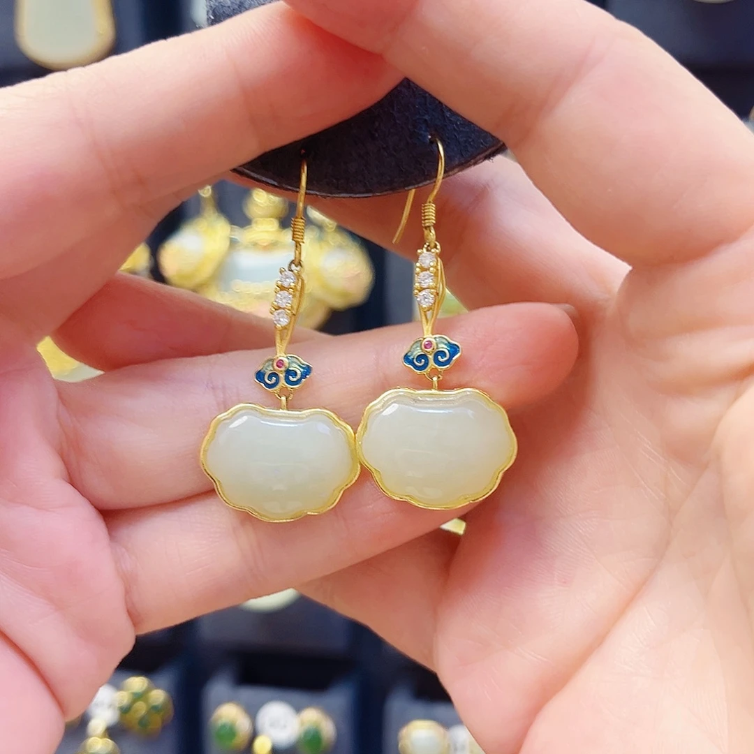 和田玉银S925镀金镶嵌耳饰