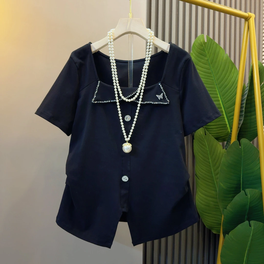 韩系时尚通勤超好看法式方领时髦洋气小众T恤衣长58左右