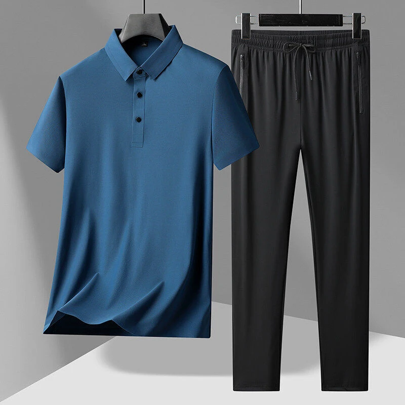 培蒙男士夏季时尚休闲无痕弹力翻领TOLO半袖T恤散口长裤冰丝