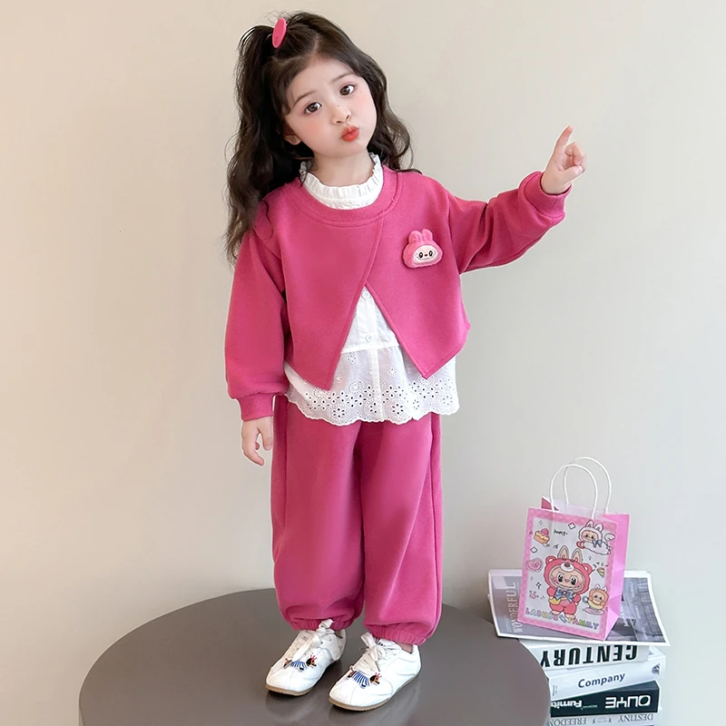女童假两件套装女宝宝洋气网红卡通休闲花边卫衣两件套新款春秋款