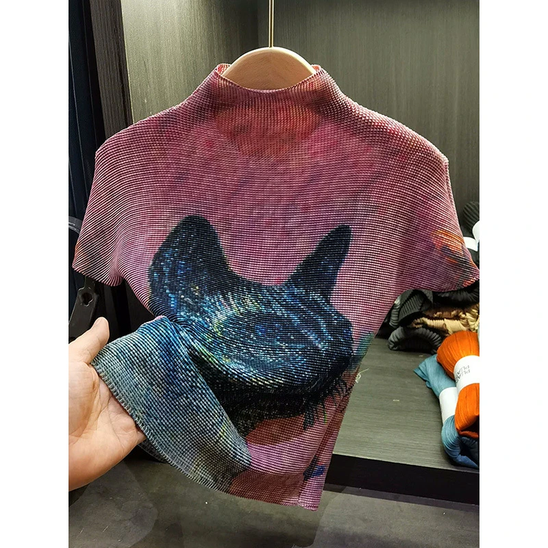 招财猫T恤女设计感小众印花立领短袖玉米粒褶皱上衣