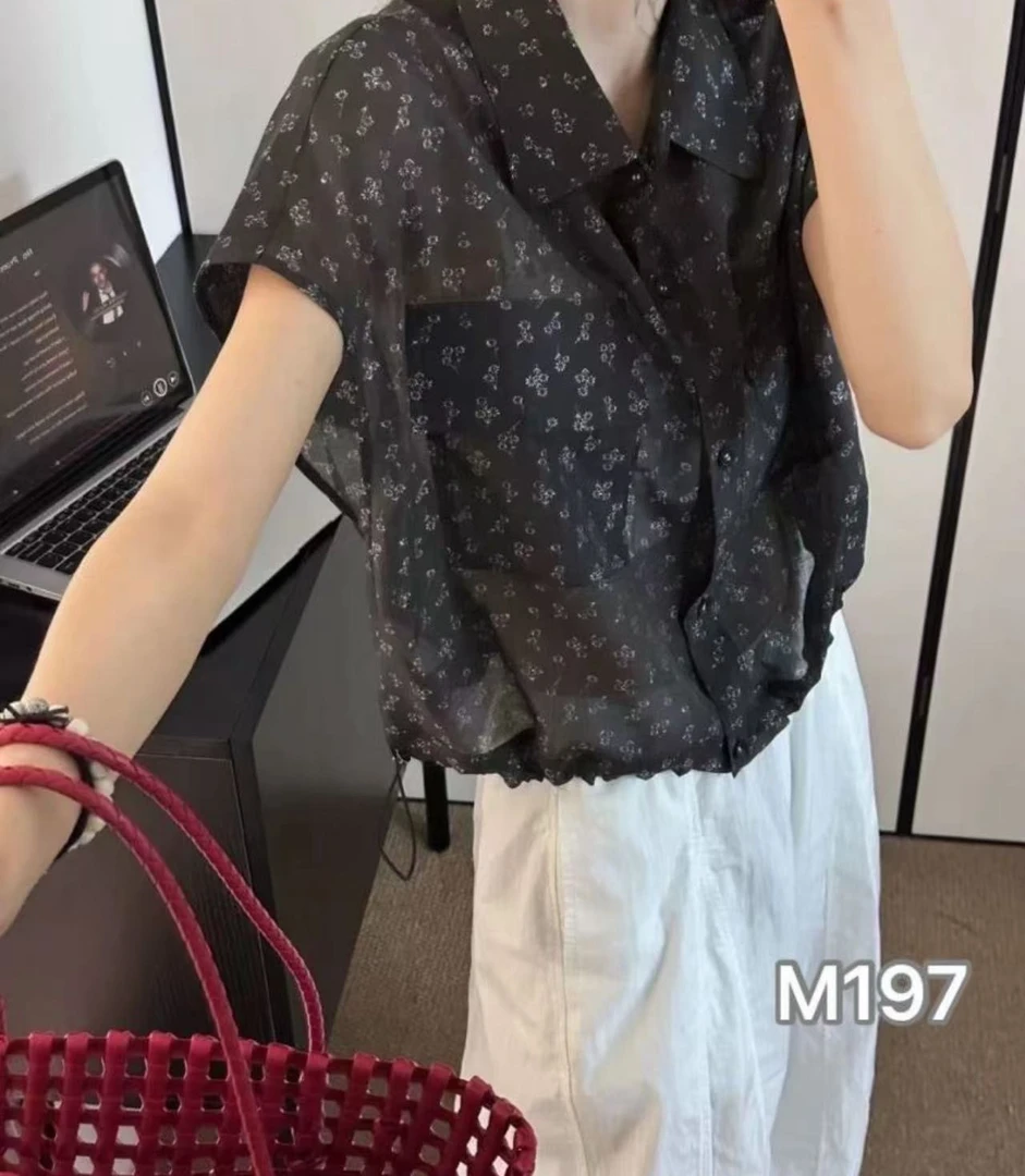 【197】吖#休闲百搭抽绳翻领碎花上衣