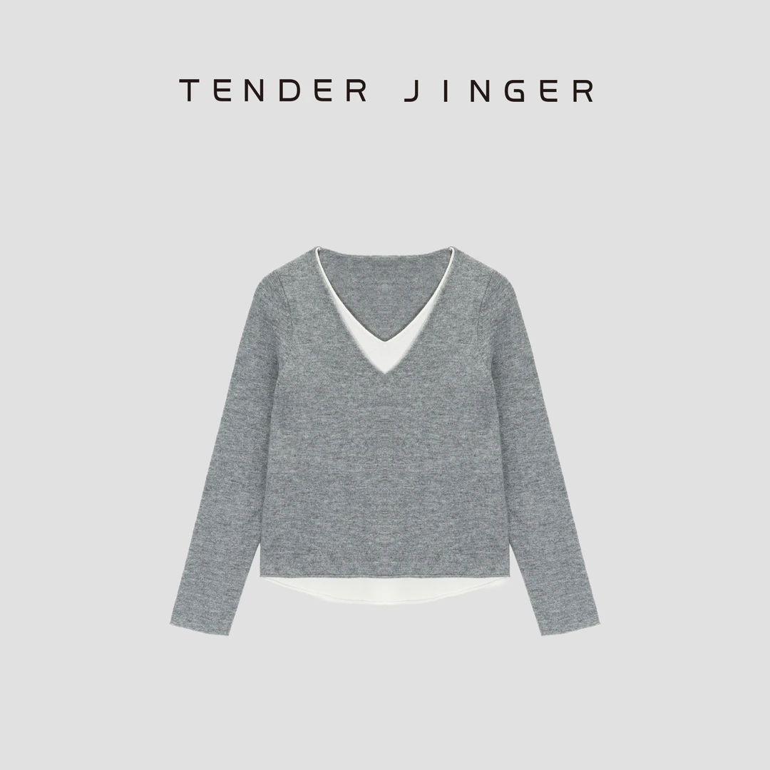 Tender Jinger｜线下专供 假两件撞色V领羊毛针织衫T53FSS41110