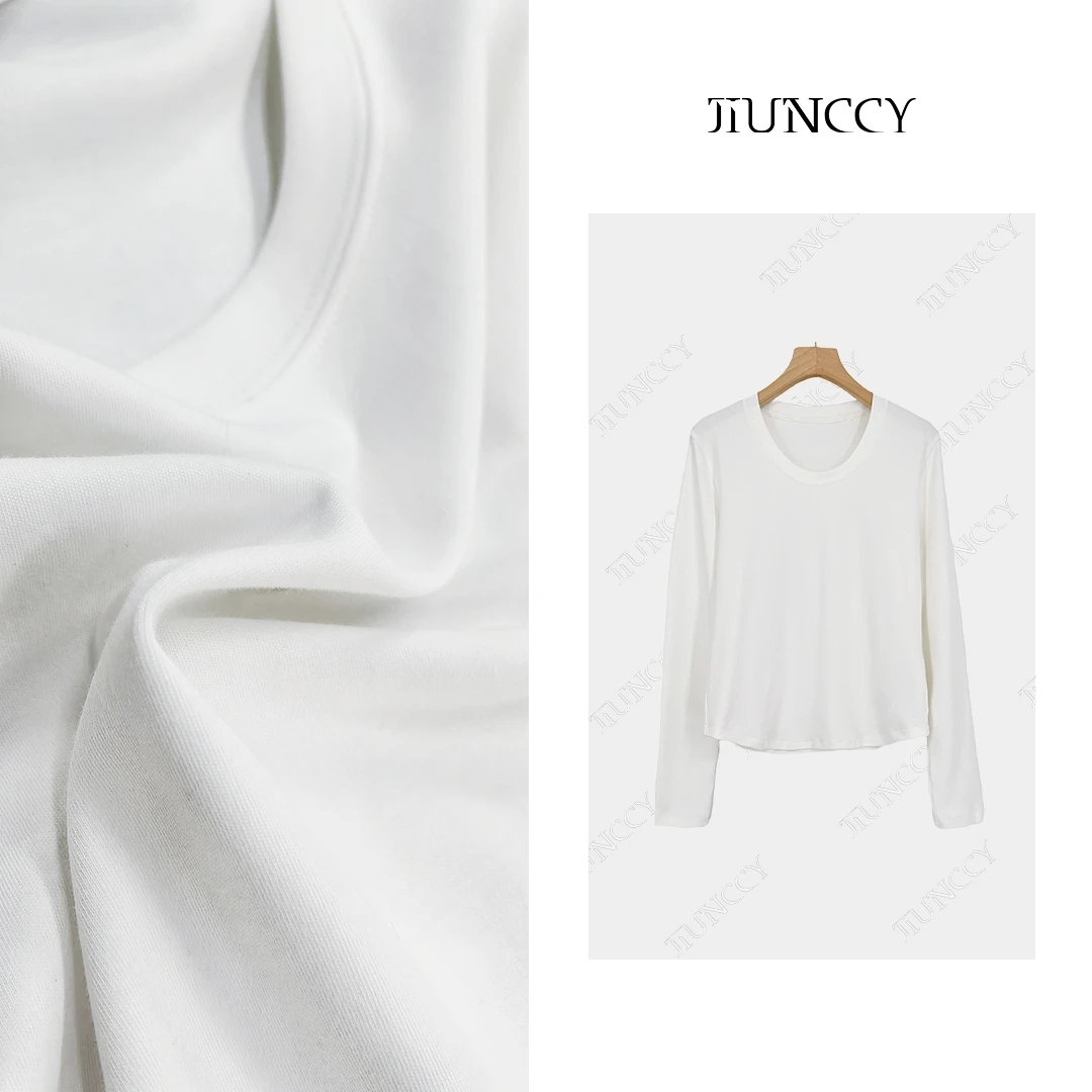 JIUNCCY【舒适感】早春休闲舒适U领半弧下摆设计百搭长袖T恤24TX019