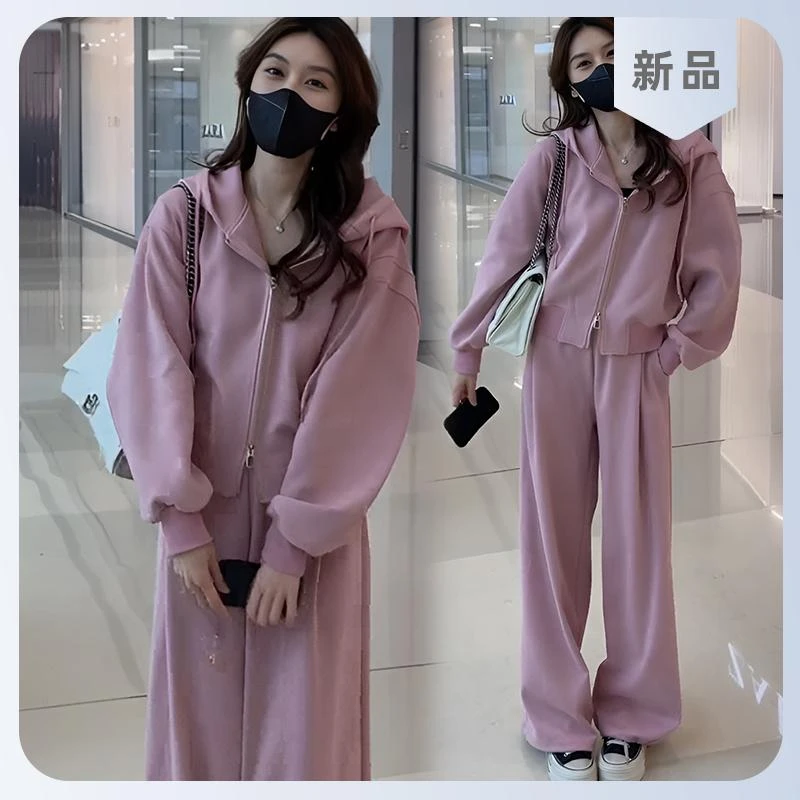 春秋时尚洋气减龄收腰连帽卫衣两件套潮欧洲站粉色休闲运动套装女