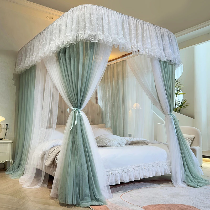 防尘顶部U型双轨道蚊帐三开门铝合金支架蚊帐加厚公主风落地式