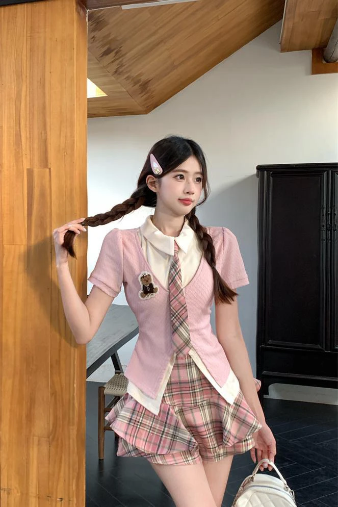 大码胖MM遮肚藏肉学院风套装女夏季假两件衬衫格子半身裙子两件套