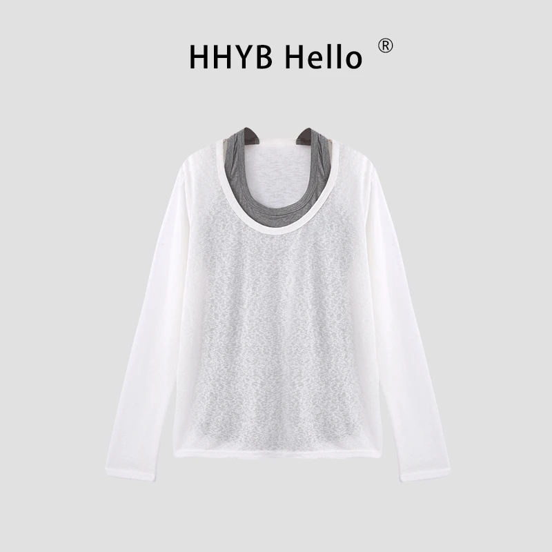 HHYB Hello2025夏季新款雪花棉撞色背心长袖假两件T恤上衣250386