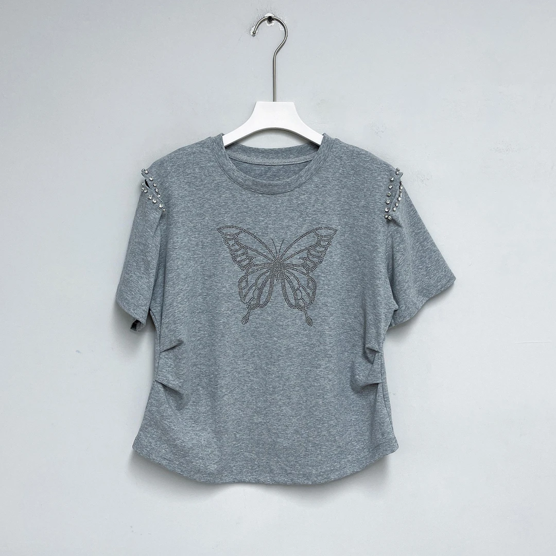 时尚短袖T恤女2025夏季新款蝴蝶烫钻镂空设计感修身百搭显瘦上衣