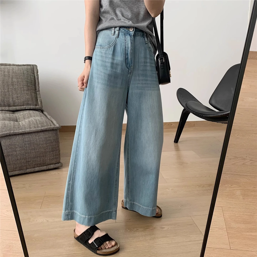 蓝色口袋刺绣莱赛尔垂感阔腿裤女夏季新款胖mm高腰显瘦九分牛仔裤