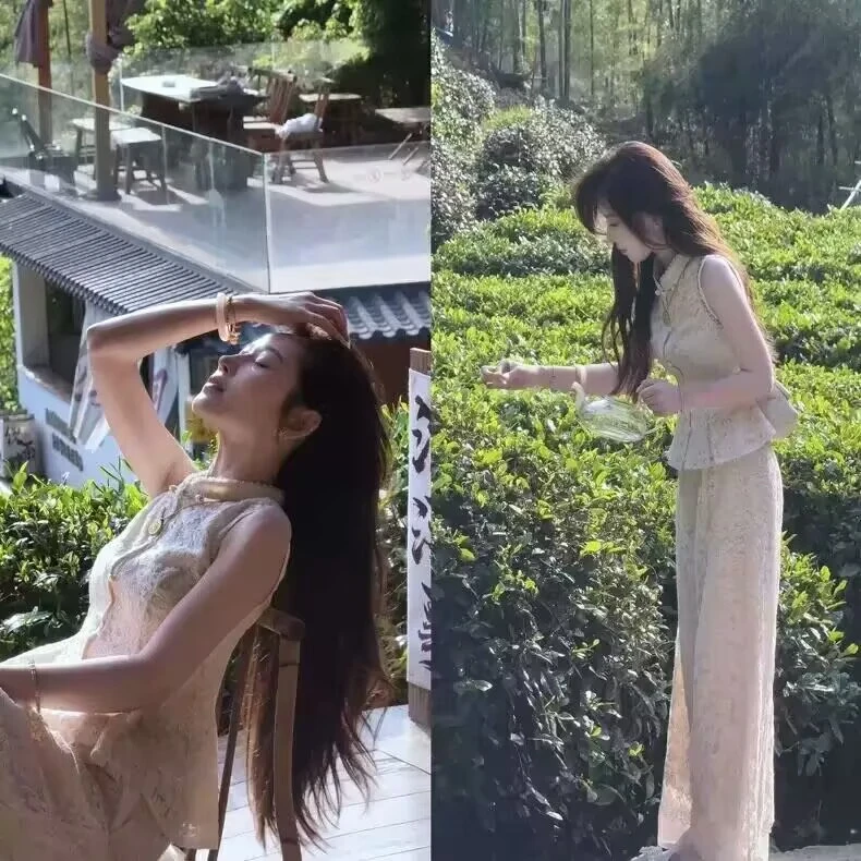 婷婷气质重工设计感西湖龙井高级感 蕾丝刺绣裤装套装845