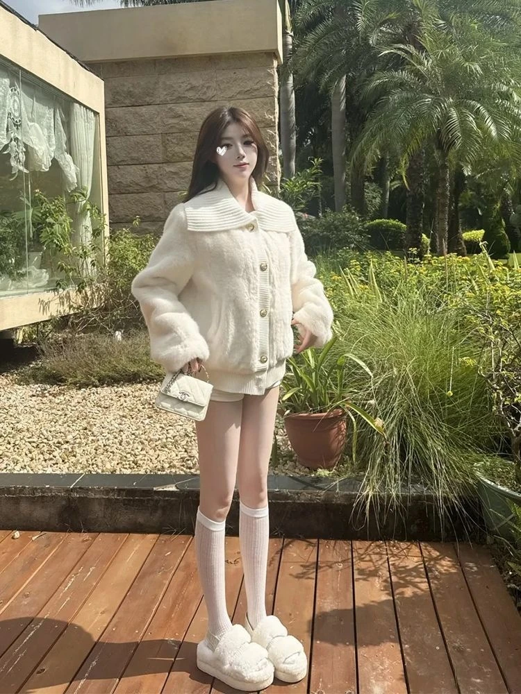 白月光初恋感韩系千金感甜美奶fufu软糯针织翻领毛绒短款外套冬季