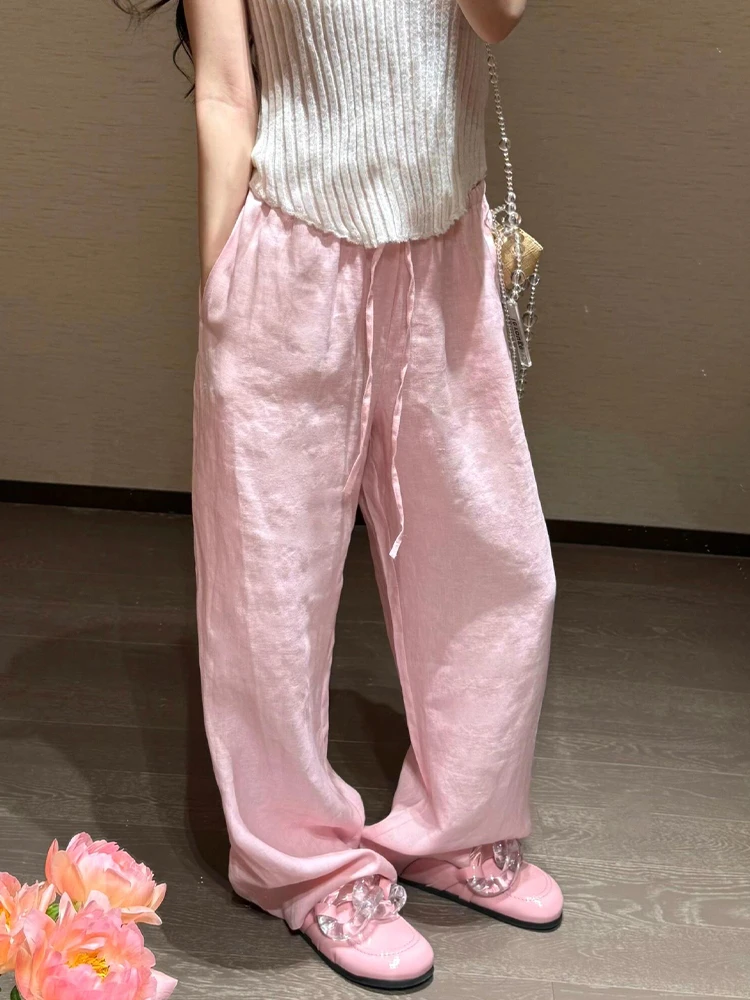 夏季休闲粉色阔腿裤子女宽松bf慵懒风2025年新款今年流行爆款长裤