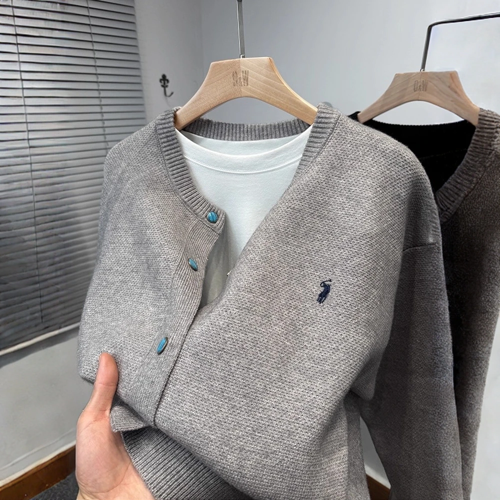 爆款刺绣保罗开衫男士针织衫春秋季新款圆领毛衣外套男装宽松休闲