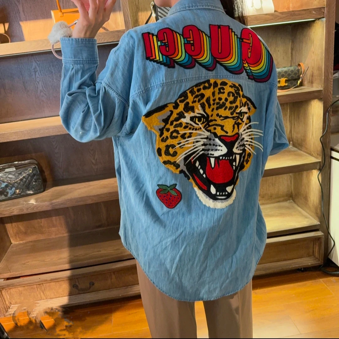 99新 GUCCI/古驰 000877  背面重工刺绣彩虹logo豹子牛仔衬衫38码