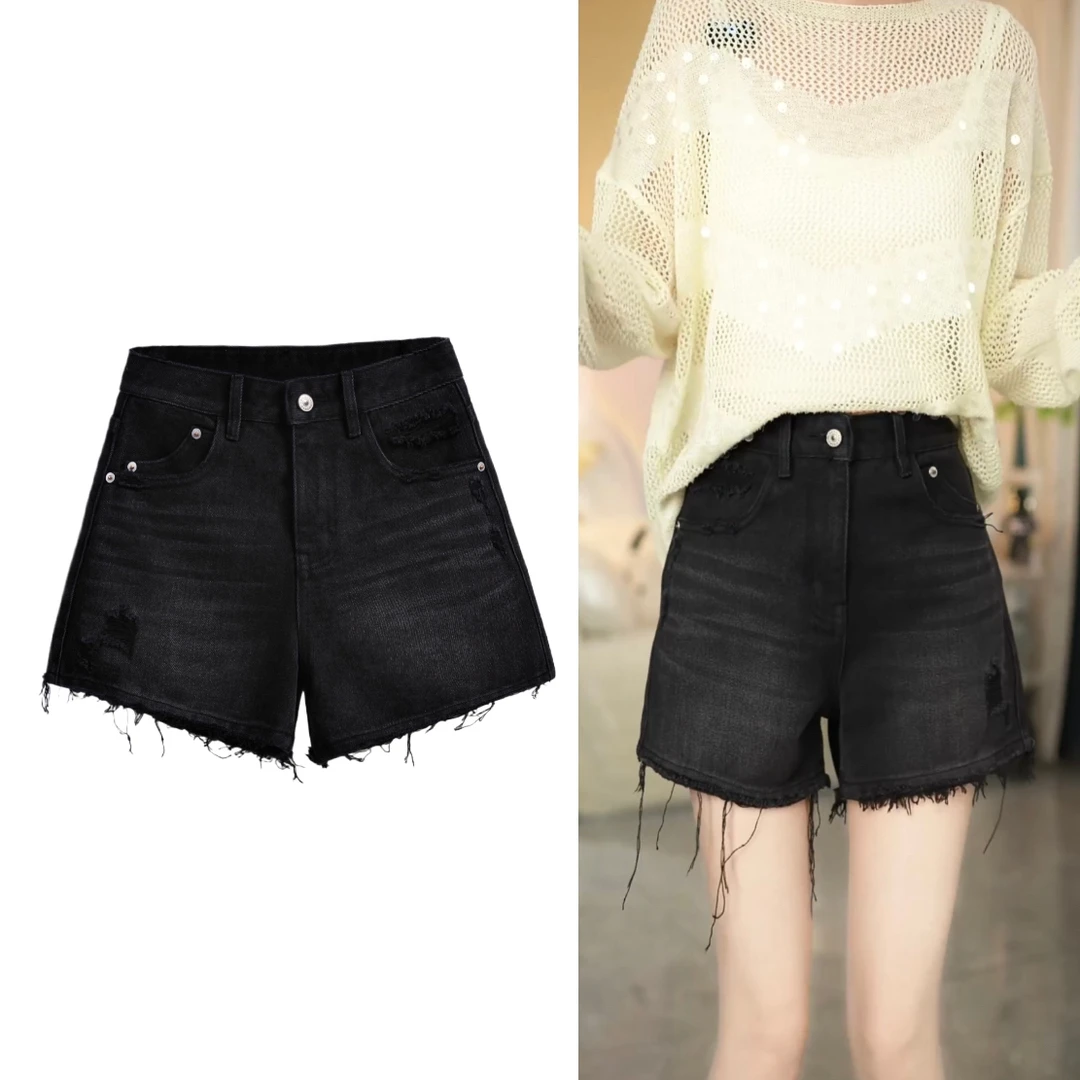 KK欧版 · 夏微凉 · 三分高腰A字版毛边显瘦牛仔短裤薄款夏季黑色