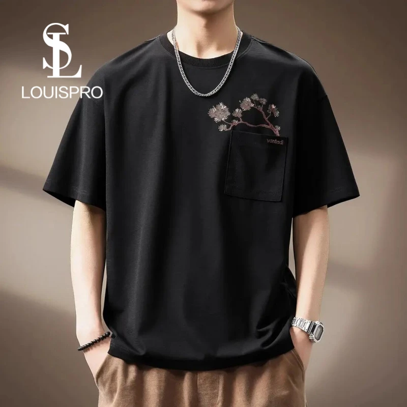 Louispro高端国风刺绣短袖T恤男夏季潮牌宽松大码百搭复古休闲