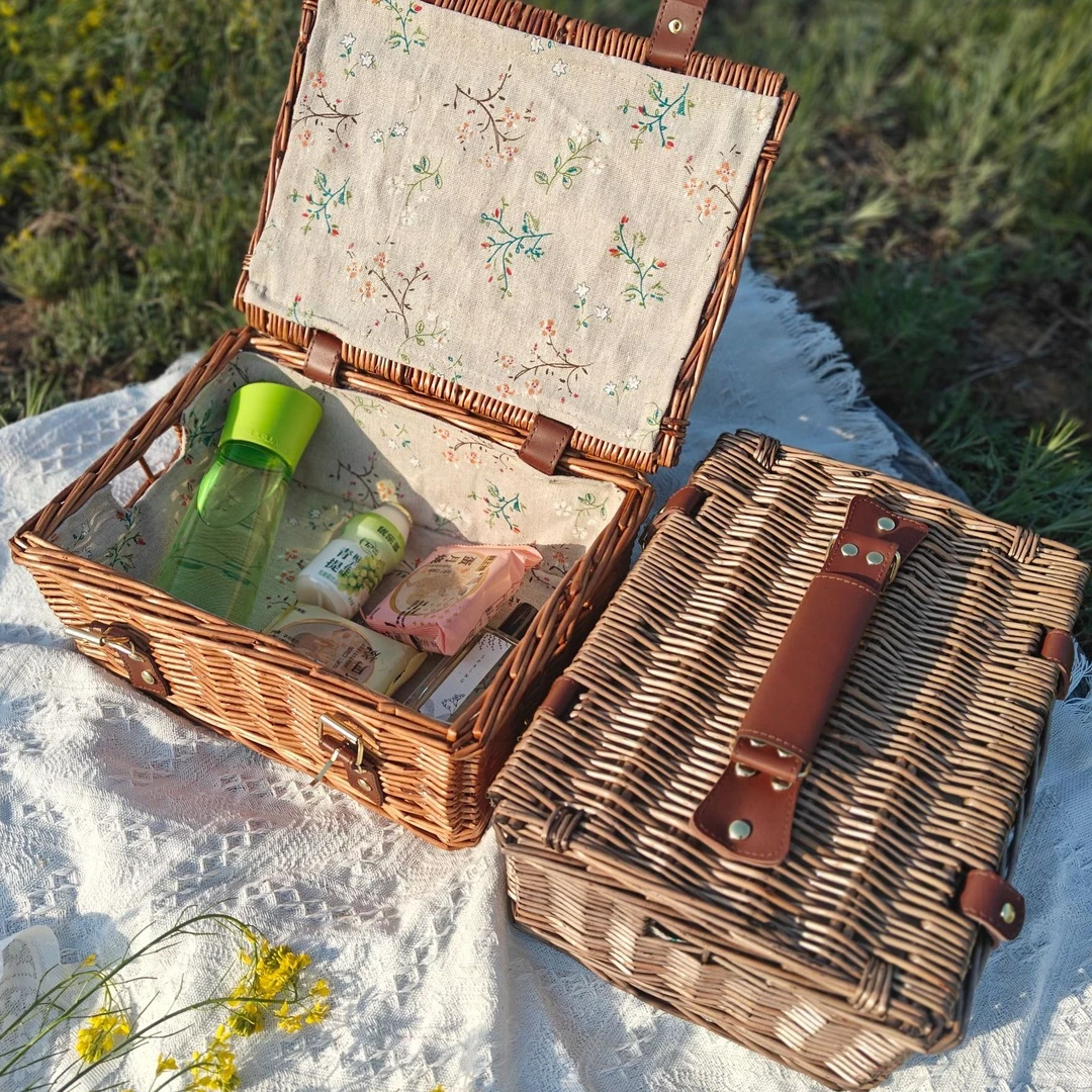 方形藤编翻盖收纳箱卧室客厅手工玄关创意野餐手提篮家用储物零食