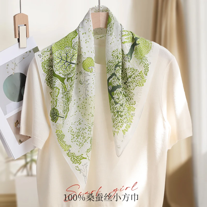 100%真丝丝巾植物花卉女小清新时尚百搭65cm方巾高端气质配饰春夏