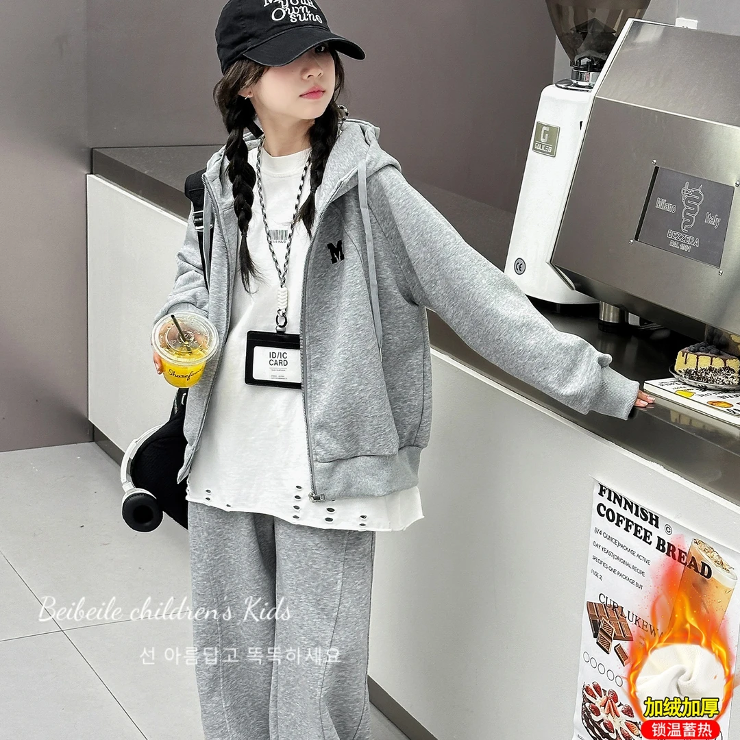 女童秋季新款加绒连帽卫衣套装2025新款时尚潮流可爱甜美休闲上衣