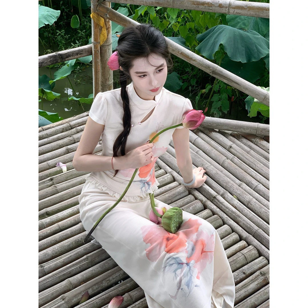 凌茜恣禾【莲步生漪】国风新中式荷花边上衣荷叶印花半身裙绝美套装