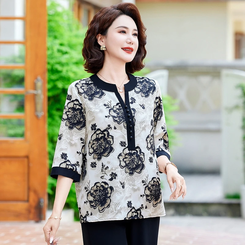夏季中老年妈妈时尚圆领印花中袖洋气薄款套头宽松遮肉百搭T恤女