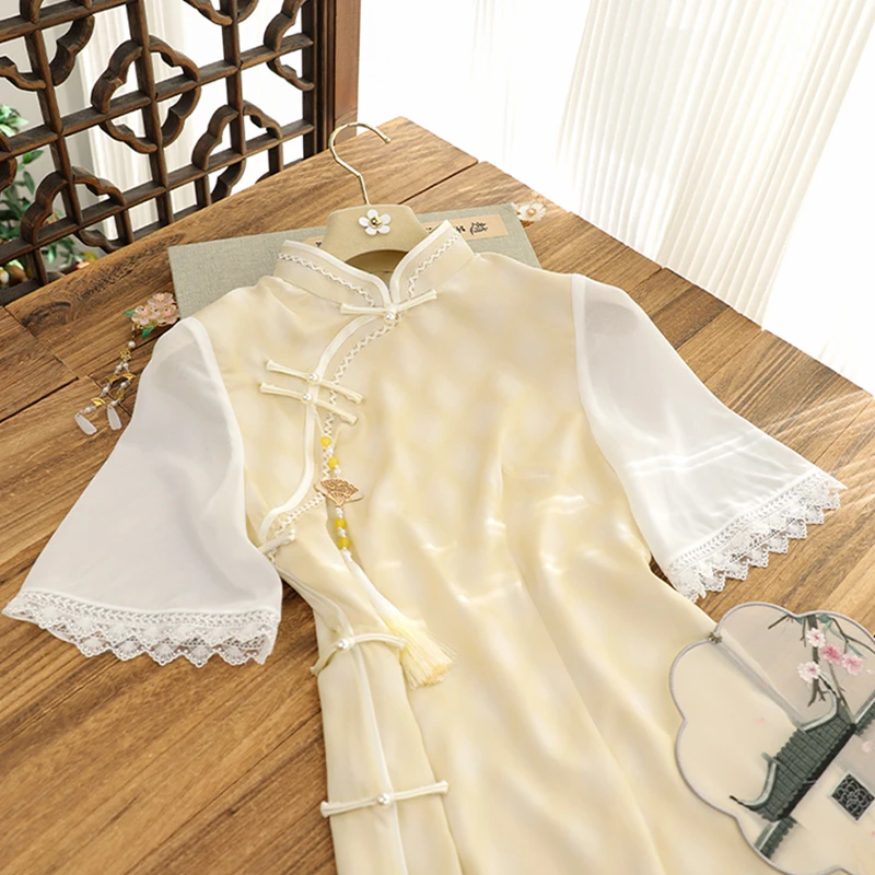 俏娘鱼2025年春季新款黄色提花复古风倒大袖旗袍改良新中式日常穿