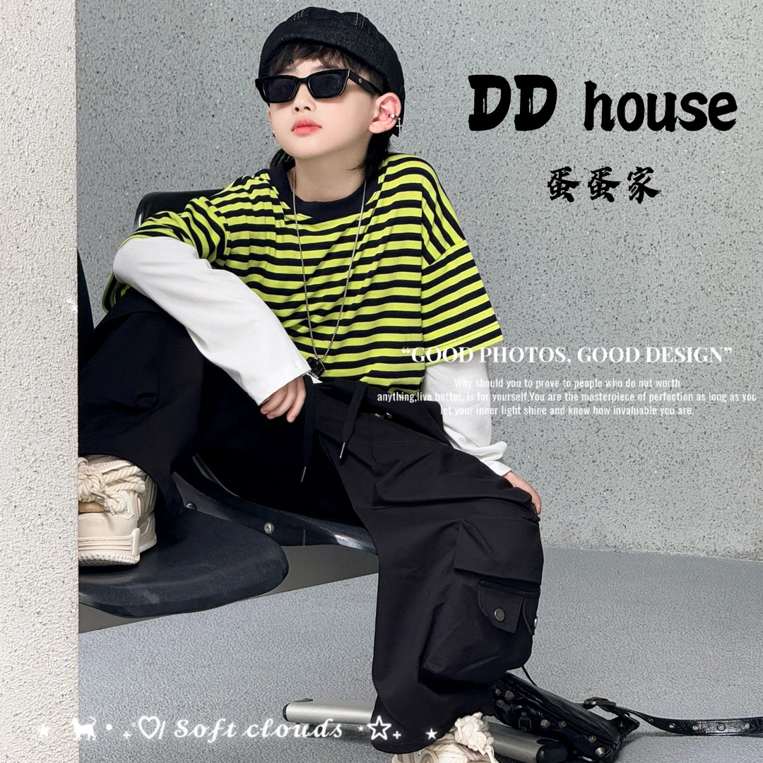 蛋蛋家【旷野秘境】秋季新款儿童炸街条纹卫衣中大童时尚假两件套