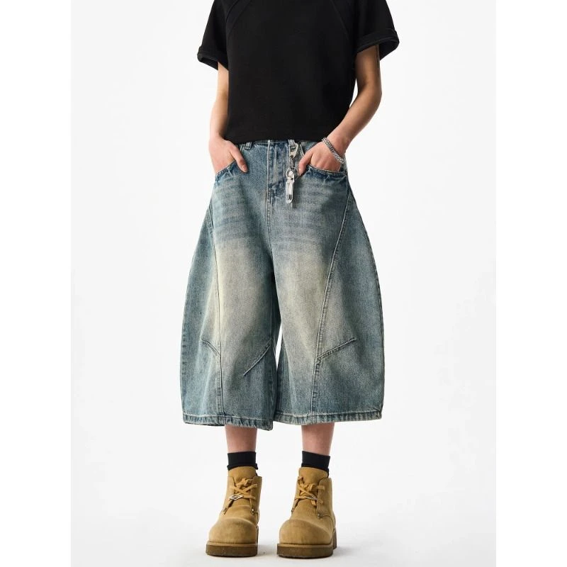 NUKEFEN复古蓝色弯刀牛仔短裤男女美式阔腿裤七分裤帅气中裤潮