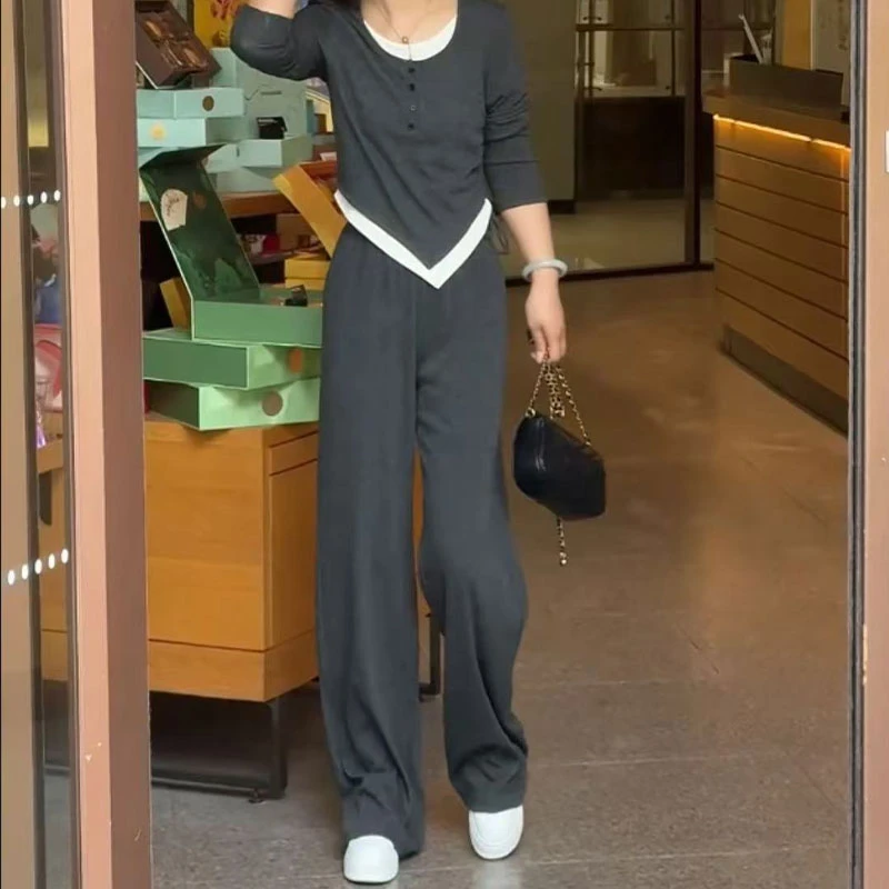 运动套装女2025新款抽绳假两件宽松显瘦休闲长袖简约气质两件套