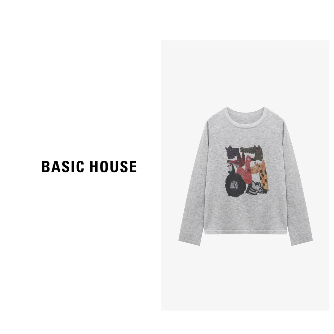 Basic House/百家好长袖时尚休闲百搭宽松印花针织衫-B0625B5JFX2