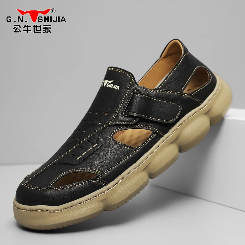 公牛世家包头皮凉鞋男款夏季镂空透气懒人包头开车越南沙滩鞋男士