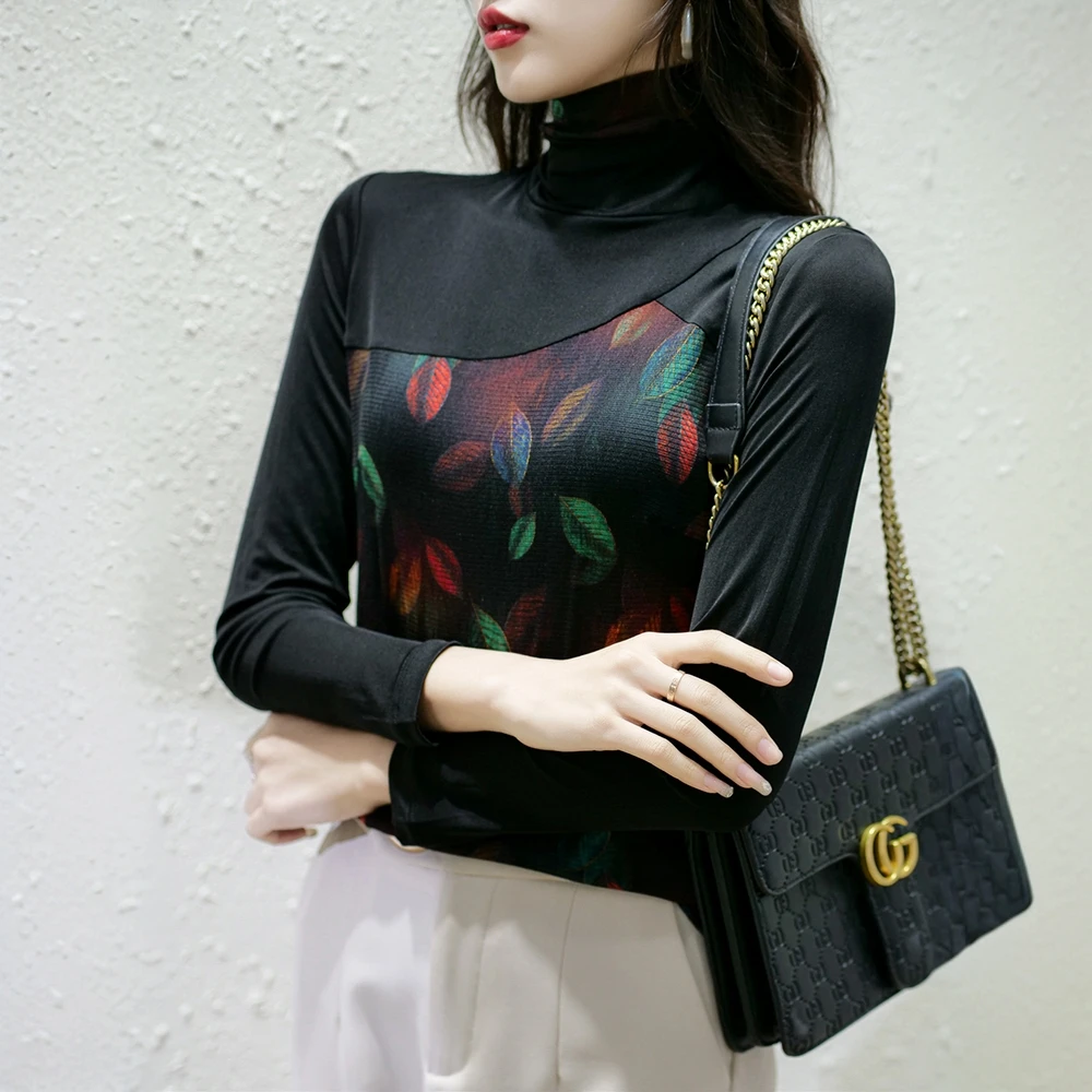 元杉桑蚕丝真丝针织衫长袖撞色印花针织上衣女显瘦气质黑色修身