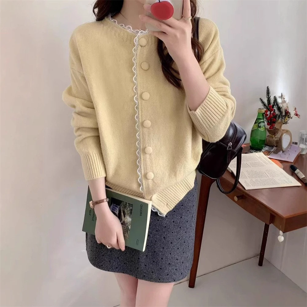 2025春季蕾丝花边时尚单排扣温柔风宽松甜美针织毛衣开衫外套打底