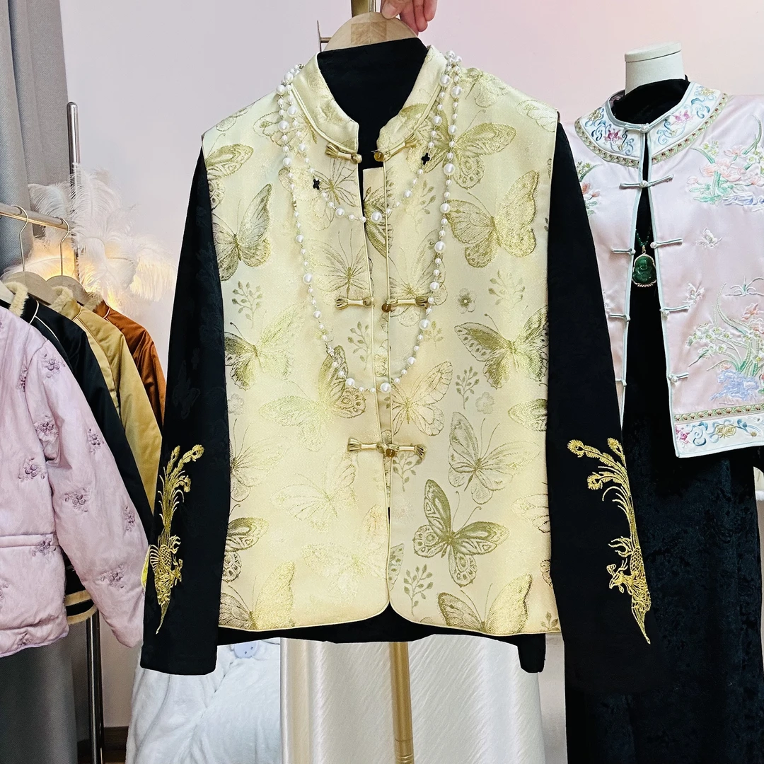 【蝶若花】新中式加棉加厚马甲中国风马夹显瘦织锦绣时尚绿色马甲