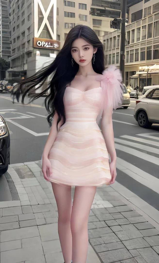 夏季新款粉色V领收腰连衣裙女小众设计时尚高级显瘦氛围感裙子潮